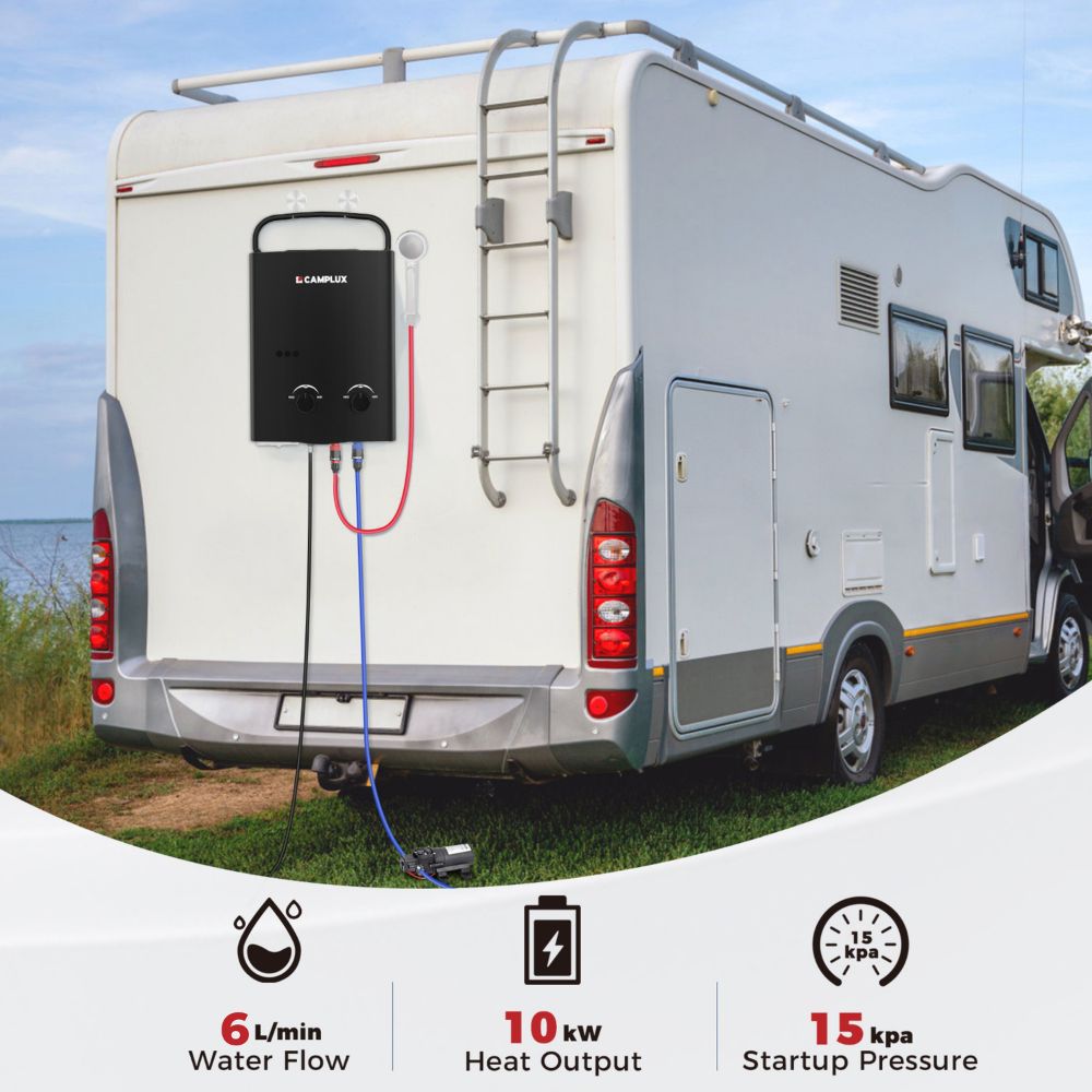 Camplux 5L Black Portable Water Heater w/ Stand & Pump Pack