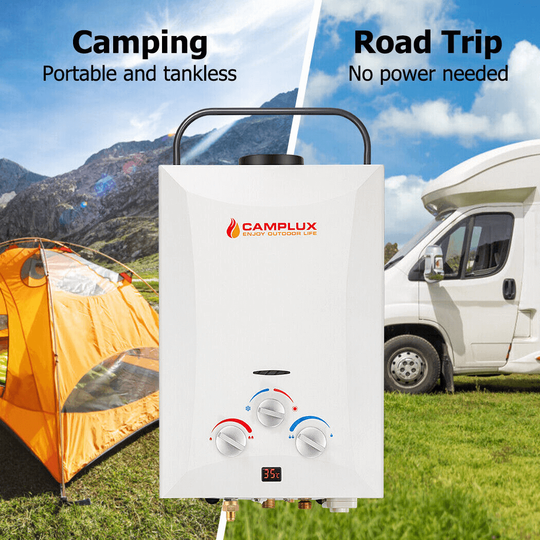 8 Liter Camplux Portable Water Heater with 4.5L Pump & Shower Stand