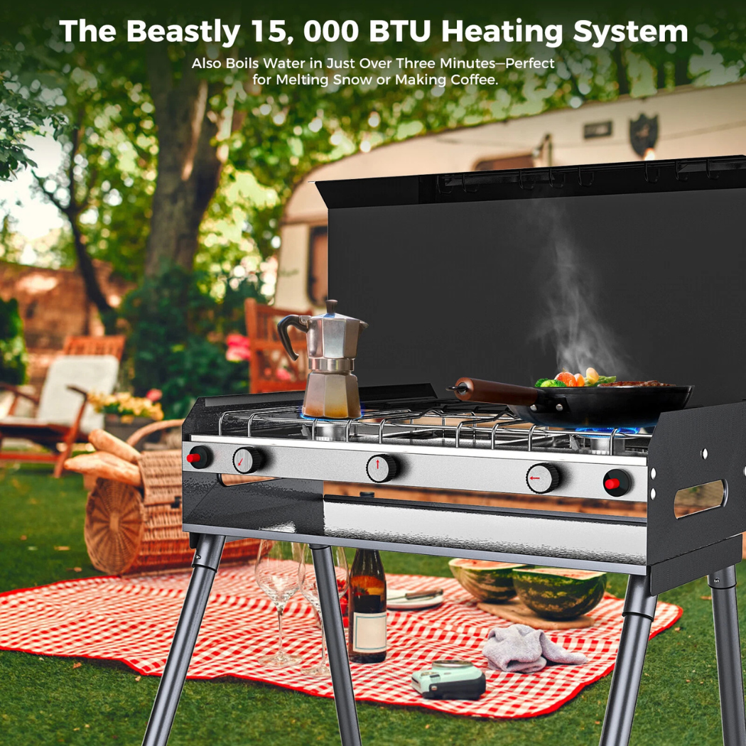 Portable Camping Stove with Legs 2 Burner Gas Grill Butane BBQ Stove