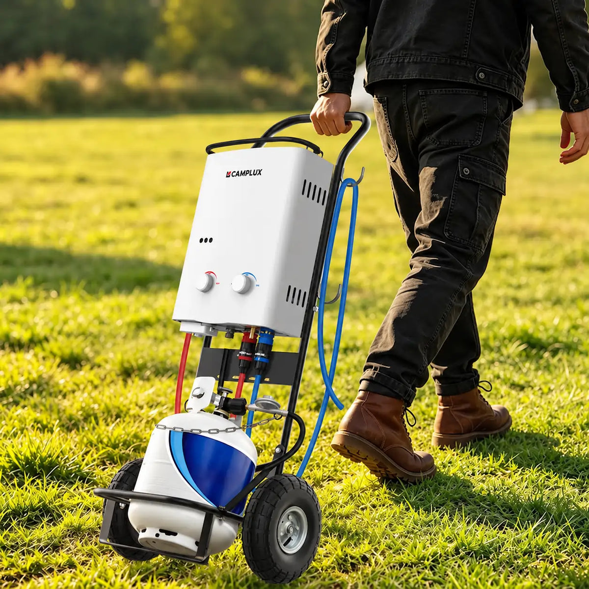 CAMPLUX D52 hand trolley transporting a portable gas water heater outdoors