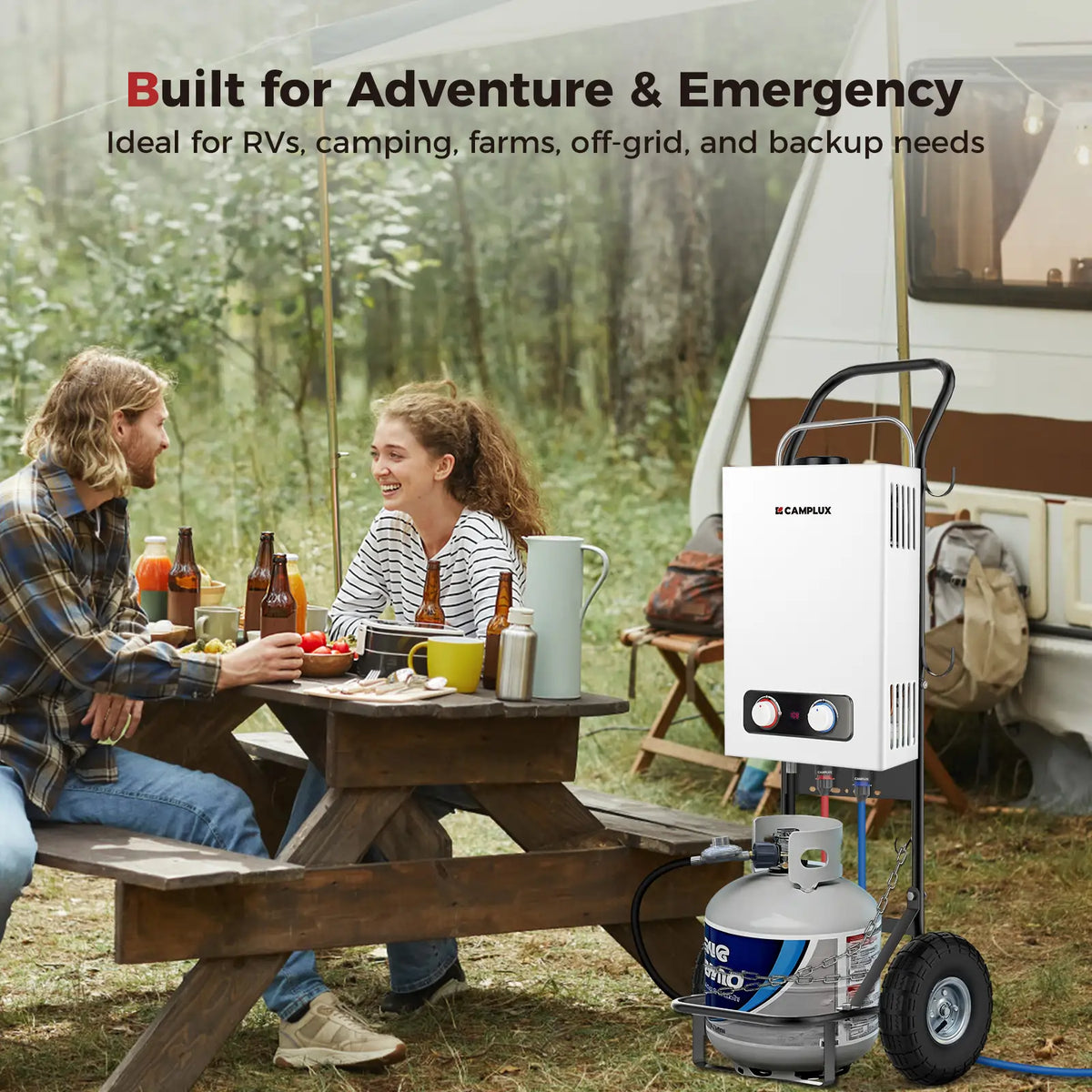 CAMPLUX D52 portable water heater trolley used at an outdoor campsi